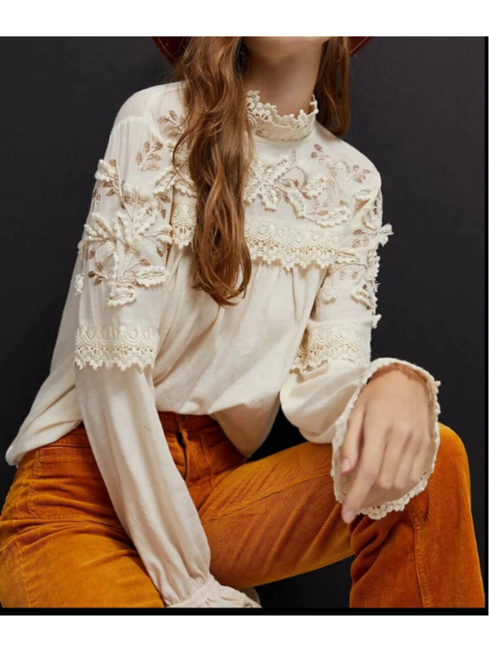 Anthropologie Ivory Embroidered Lace Boho Blouse XS 100% Cotton